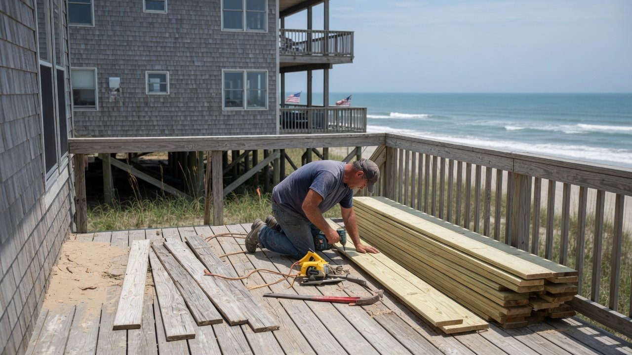 Deck repair on an Outer Banks beach house
