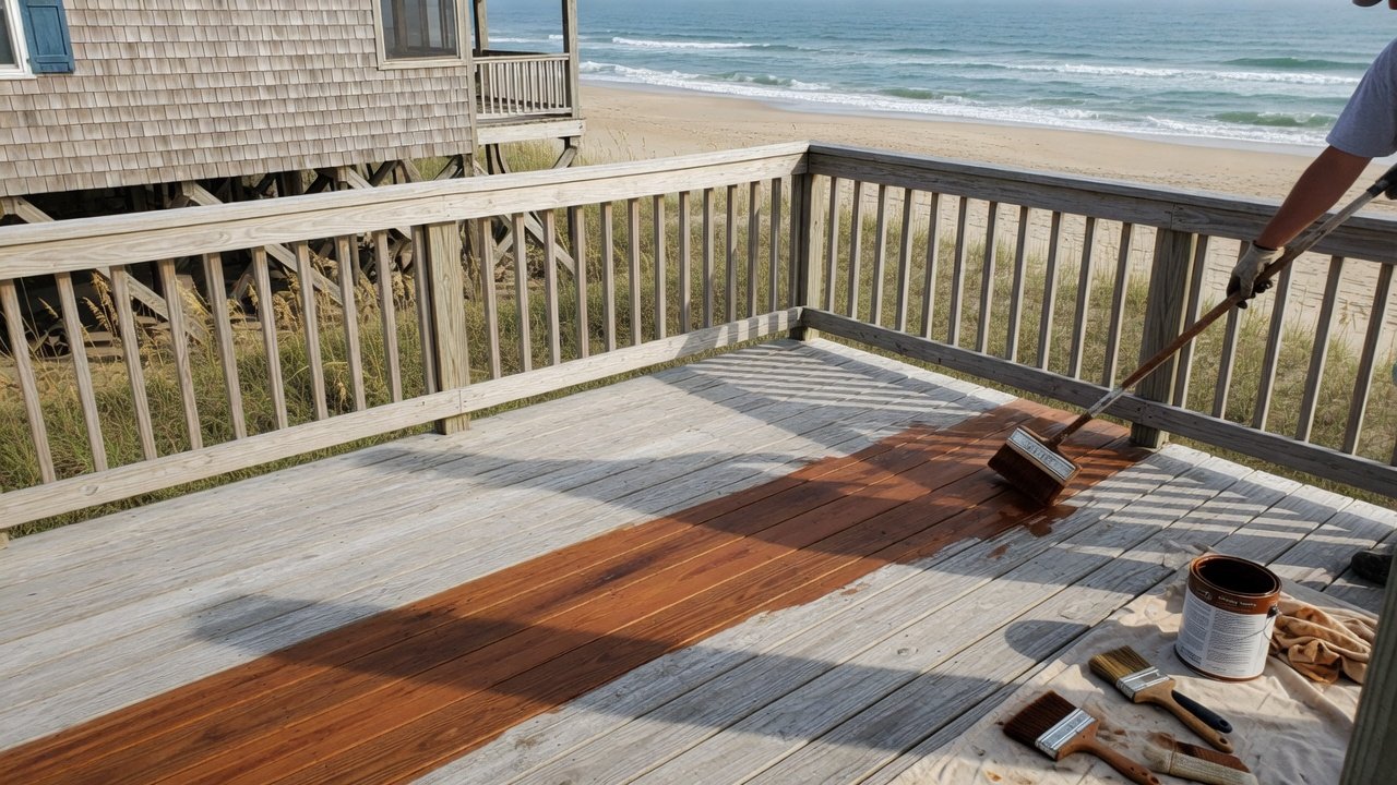 Deck being stained at an Outer Banks beach house