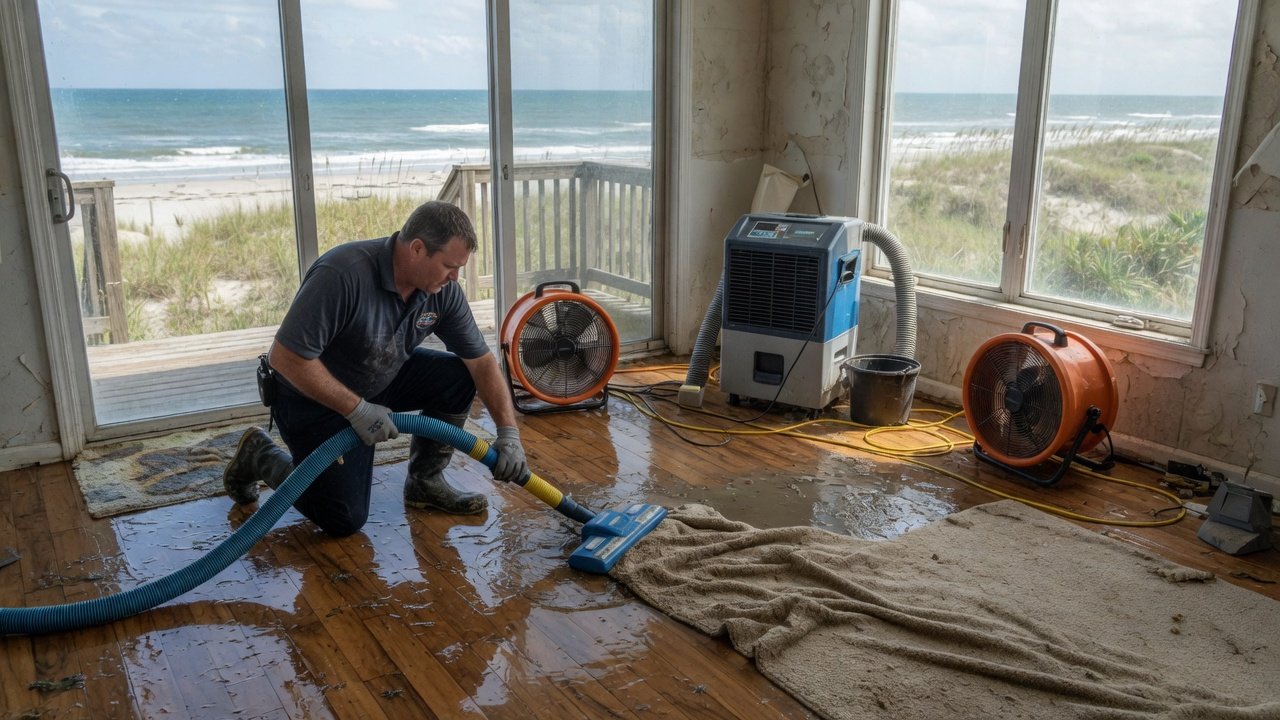 Contractor extracting water from a flooded Outer Banks beach house